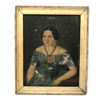 Wonderful Antique Portrait of Woman in Green on Tin