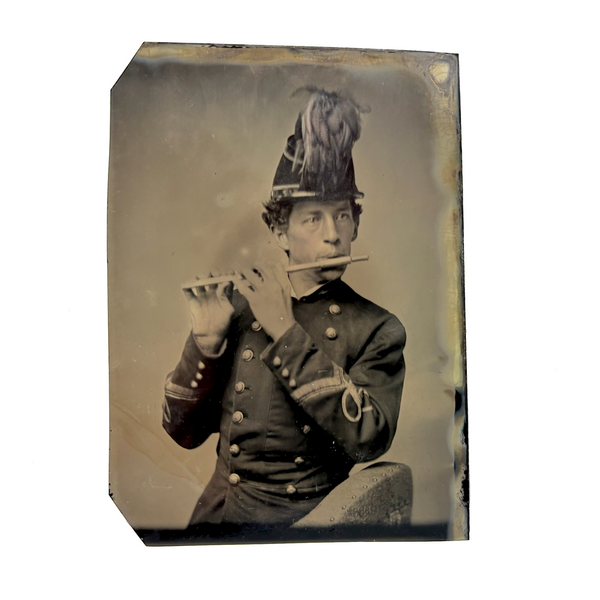 Handsome Civil War Military Flute Player in Uniform, Scarce and Striking Antique Tintype