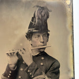 Handsome Civil War Military Flute Player in Uniform, Scarce and Striking Antique Tintype