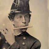 Handsome Civil War Military Flute Player in Uniform, Scarce and Striking Antique Tintype