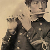 Handsome Civil War Military Flute Player in Uniform, Scarce and Striking Antique Tintype