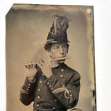 Handsome Civil War Military Flute Player in Uniform, Scarce and Striking Antique Tintype