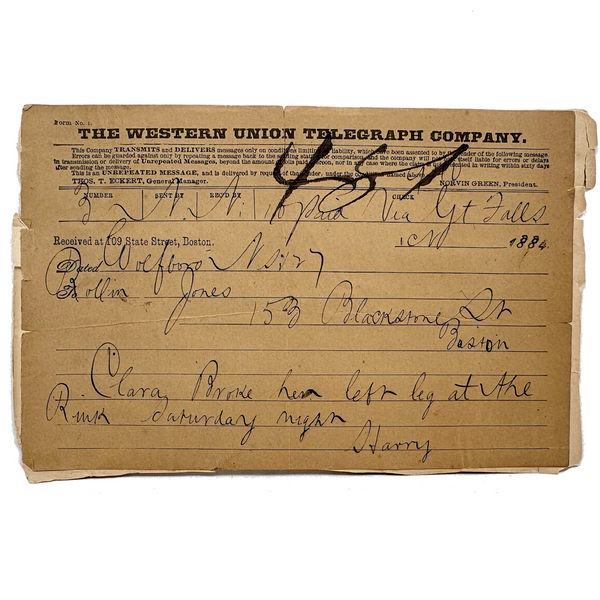 Clara Broke Her Left Leg at the Rink Saturday Night, 1884 Western Union Telegram