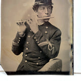 Handsome Civil War Military Flute Player in Uniform, Scarce and Striking Antique Tintype