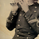 Handsome Civil War Military Flute Player in Uniform, Scarce and Striking Antique Tintype