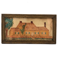 Antique Ink and Watercolor House with Tree Drawing