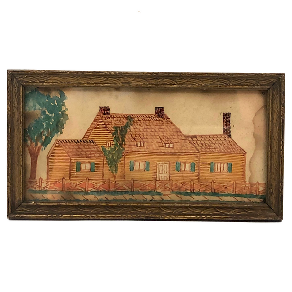 Antique Ink and Watercolor House with Tree Drawing