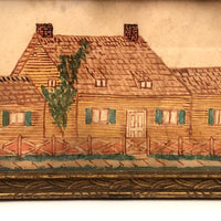 Antique Ink and Watercolor House with Tree Drawing