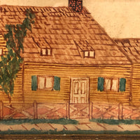 Antique Ink and Watercolor House with Tree Drawing