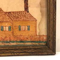Antique Ink and Watercolor House with Tree Drawing