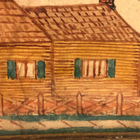 Antique Ink and Watercolor House with Tree Drawing