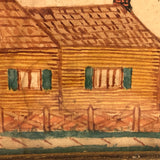 Antique Ink and Watercolor House with Tree Drawing