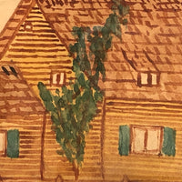 Antique Ink and Watercolor House with Tree Drawing