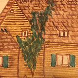 Antique Ink and Watercolor House with Tree Drawing