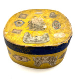 c. 1840s American Wallpaper Band Box with Decoupage in Glorious Yellow and Blue