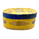 c. 1840s American Wallpaper Band Box with Decoupage in Glorious Yellow and Blue