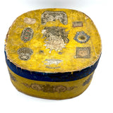 c. 1840s American Wallpaper Band Box with Decoupage in Glorious Yellow and Blue