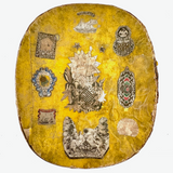 c. 1840s American Wallpaper Band Box with Decoupage in Glorious Yellow and Blue