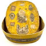 c. 1840s American Wallpaper Band Box with Decoupage in Glorious Yellow and Blue
