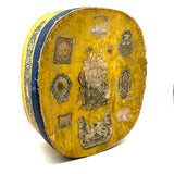 c. 1840s American Wallpaper Band Box with Decoupage in Glorious Yellow and Blue