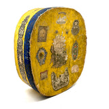 c. 1840s American Wallpaper Band Box with Decoupage in Glorious Yellow and Blue