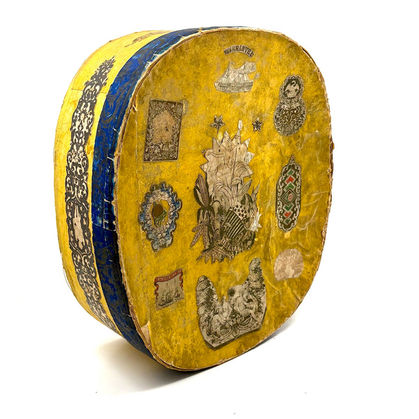 c. 1840s American Wallpaper Band Box with Decoupage in Glorious Yellow and Blue