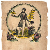 My Passion Never Can Be Told, Gentleman with Bird and Letter, C. 1840  Hand-colored Block Print Valentine