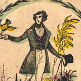 My Passion Never Can Be Told, Gentleman with Bird and Letter, C. 1840  Hand-colored Block Print Valentine