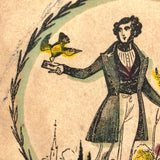 My Passion Never Can Be Told, Gentleman with Bird and Letter, C. 1840  Hand-colored Block Print Valentine