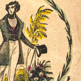 My Passion Never Can Be Told, Gentleman with Bird and Letter, C. 1840  Hand-colored Block Print Valentine