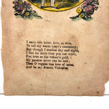 My Passion Never Can Be Told, Gentleman with Bird and Letter, C. 1840  Hand-colored Block Print Valentine