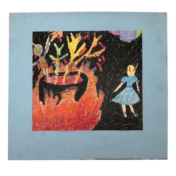 Devil Girl with Flaming Cauldron, Vintage Crayon Drawing Mounted to Board