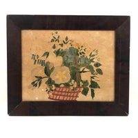 Flowers and Strawberries in Basket, Early Naive Ink and Watercolor on Wove