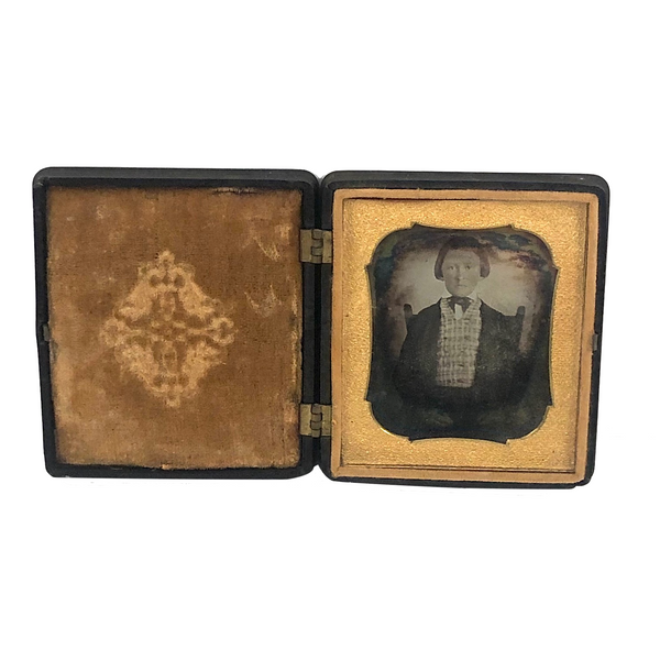 Daguerreotype of Child in Plaid Vest with Strange Hands in Fine Thermoplastic Case