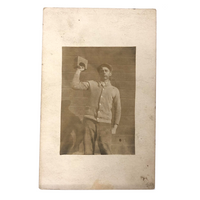 Scrawny Strongman, Young Man Lifting Weight (with Nice Shadow) RPPC