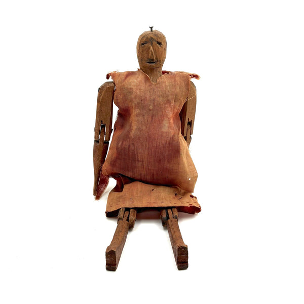 Very Wonderful Old Carved Folk Art Jointed Figure in Hand-dyed, Hand-sewn Dress