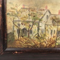 Houses Nestled in Landscape, Atmospheric Antique Folk Art Painting in Period Frame