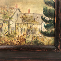 Houses Nestled in Landscape, Atmospheric Antique Folk Art Painting in Period Frame