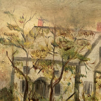 Houses Nestled in Landscape, Atmospheric Antique Folk Art Painting in Period Frame