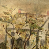 Houses Nestled in Landscape, Atmospheric Antique Folk Art Painting in Period Frame
