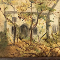Houses Nestled in Landscape, Atmospheric Antique Folk Art Painting in Period Frame