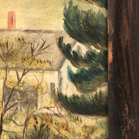 Houses Nestled in Landscape, Atmospheric Antique Folk Art Painting in Period Frame