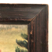 Houses Nestled in Landscape, Atmospheric Antique Folk Art Painting in Period Frame