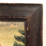 Houses Nestled in Landscape, Atmospheric Antique Folk Art Painting in Period Frame