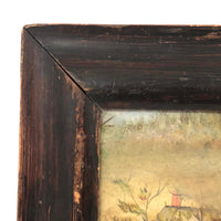 Houses Nestled in Landscape, Atmospheric Antique Folk Art Painting in Period Frame