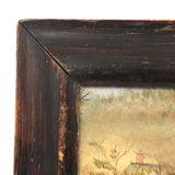 Houses Nestled in Landscape, Atmospheric Antique Folk Art Painting in Period Frame