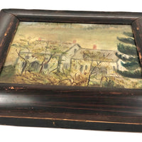 Houses Nestled in Landscape, Atmospheric Antique Folk Art Painting in Period Frame