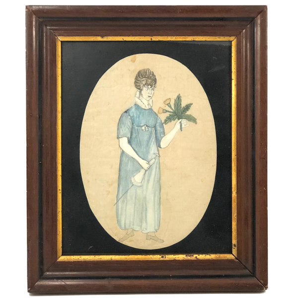 Wonderfully Naive Early 19th C. Portrait of Young Woman on Silk, Framed