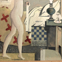 Modernist Gouache Painting on Paper of Woman in Bedroom