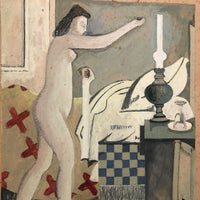 Modernist Gouache Painting on Paper of Woman in Bedroom